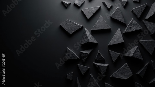 Eye-level shot of a mesmerizing black acoustic wall panel installation. Triangular patterns create a dynamic, textured 3D effect with varied sizes and shapes on the dark backdrop photo