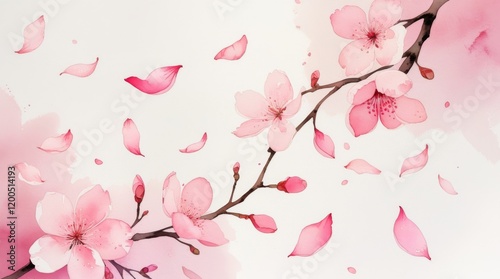 Watercolor illustration of blooming sakura on white background. Pink cherry flower buds. Design template for invitations, posters, fabrics