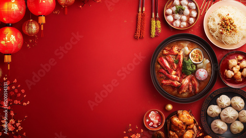 Festive Chinese New Year themed background in landscape orientation, Left side is a bright red and plain background design for text placement photo