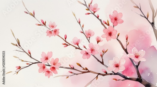 Watercolor illustration of blooming sakura on white background. Pink cherry flower buds. Design template for invitations, posters, fabrics