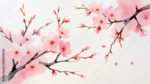 Watercolor illustration of blooming sakura on white background. Pink cherry flower buds. Design template for invitations, posters, fabrics