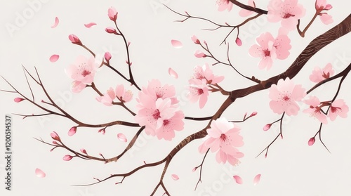 Watercolor illustration of blooming sakura on white background. Pink cherry flower buds. Design template for invitations, posters, fabrics