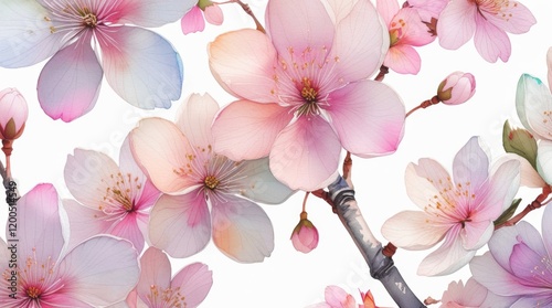 Watercolor illustration of blooming sakura on white background. Pink cherry flower buds. Design template for invitations, posters, fabrics