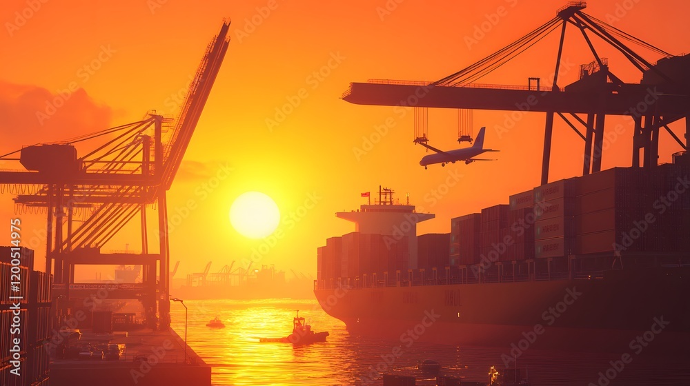 Container Ship Docking at Sunset with Cargo Cranes Container Ship Docking at Sunset with Cargo Cranes