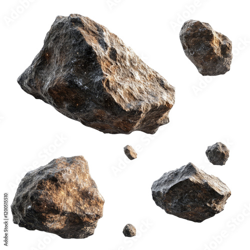 Flying asteroids in isolation captured in a cosmic setting with detailed textures and various sizes, flying asteroids isolated photo