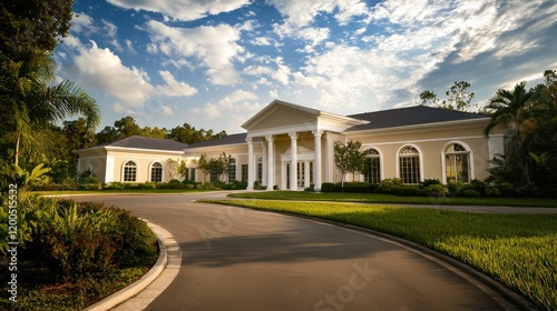 A neo-classical villa featuring a beige exterior, expansive windows, and white columns flanking the doorway photo