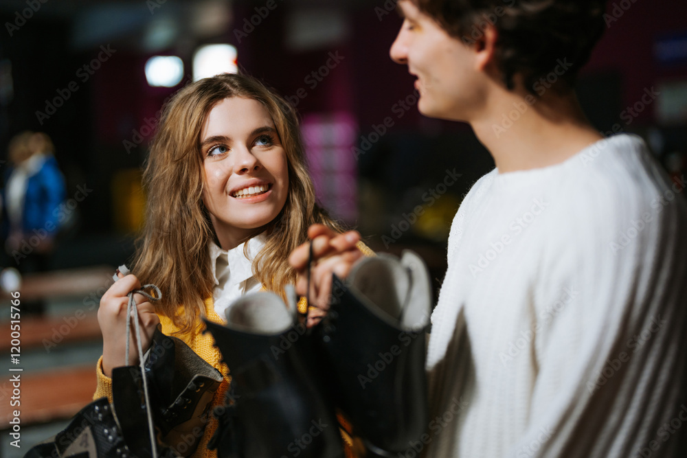Smiling couple enjoying an evening while shopping for boots in a lively store