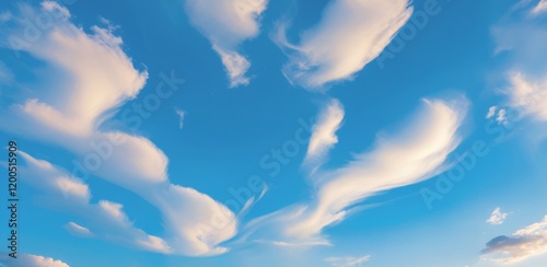 Blue sky background with white clouds. Clear calm cloudy sky. Vivid landscape with horizon skyline