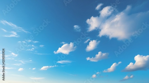 Blue sky background with white clouds. Clear calm cloudy sky. Vivid landscape with horizon skyline