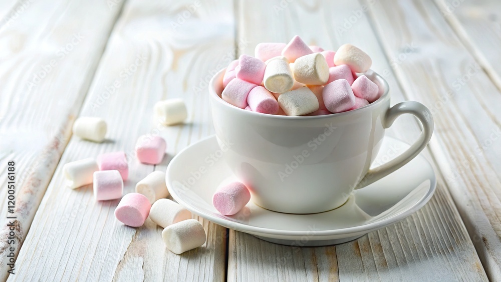 White Coffee Cup with Marshmallows on Wood, Bright Photo