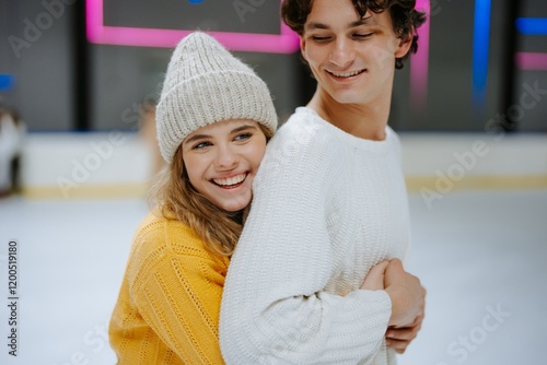 Couple enjoys ice skating together at a rink during winter afternoon photo