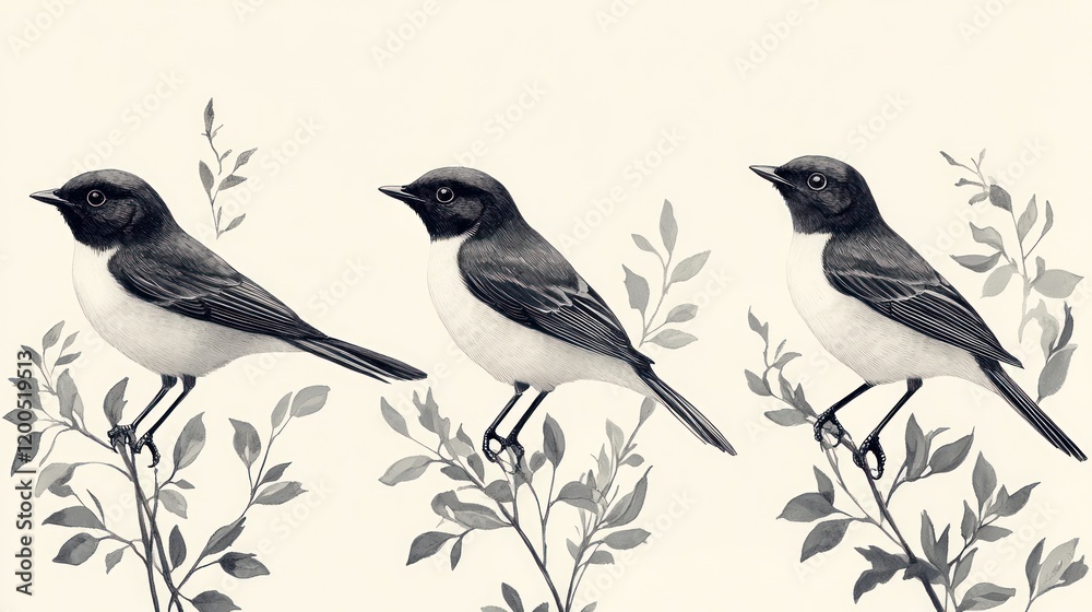 Fototapeta premium Three birds, foliage, monochrome, nature, print