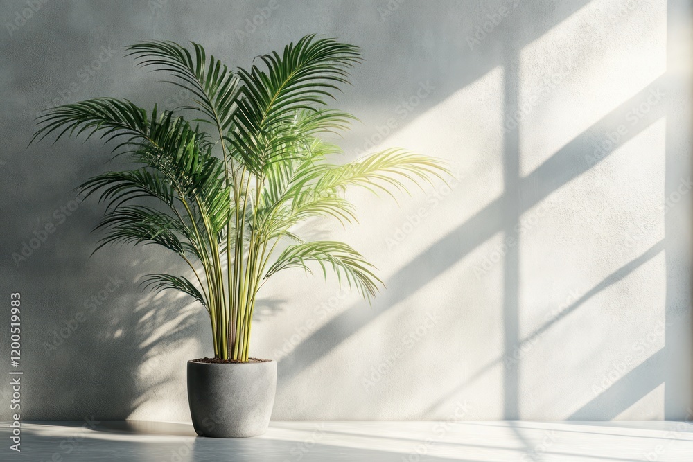 Obraz premium Indoor palm plant sunlight grey wall room decor.