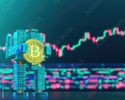 A futuristic robot figure made of digital blocks stands before a vibrant cryptocurrency chart, highlighting the rise of Bitcoin in the financial market. photo