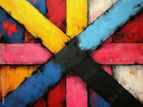 Abstract painting featuring bold, intersecting colors and geometric shapes. photo