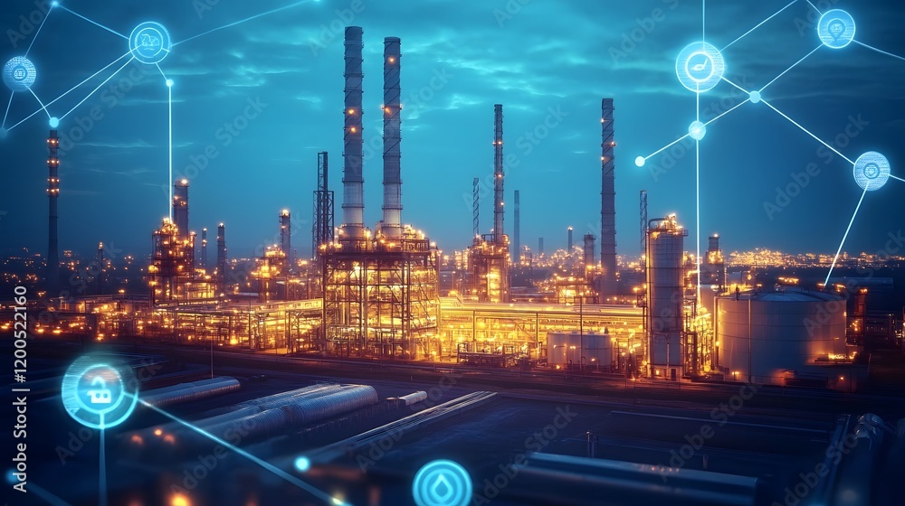 Fototapeta premium Illuminated Industrial Refinery Complex at Night with Digital Network Overlay