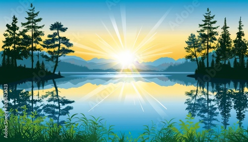 A serene sunrise over a tranquil lake with mountains in the background. The sun's rays illuminate the water and create a reflection of the surrounding landscape.