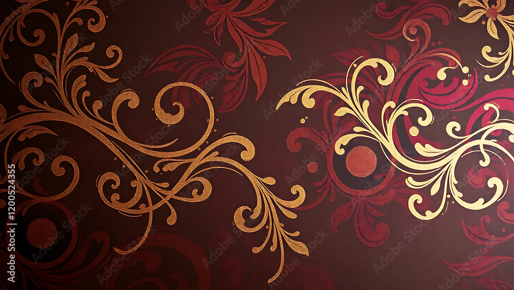 Elegant Ornate Golden and Red Floral Pattern on Rich Dark Background Elegant Ornate Golden and Red Floral Pattern on Rich Dark Background