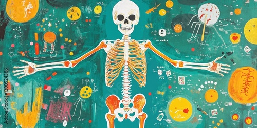 A cheerful poster of the human skeletal system in a children classroom, with vibrant and easy-to-read labels photo