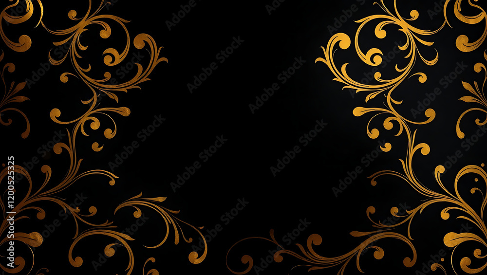 Golden floral flourishes on a dark background create a luxurious pattern Golden floral flourishes on a dark background create a luxurious pattern