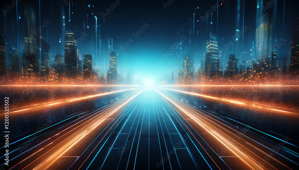 A futuristic cityscape with light trails converging towards a bright point, creating a sense of speed and technology. A futuristic cityscape with light trails converging towards a bright point, creating a sense of speed and technology.