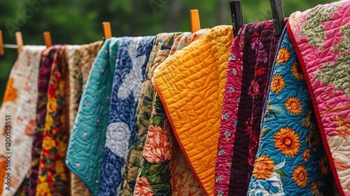 Colorful quilts hanging on a clothesline outdoors.