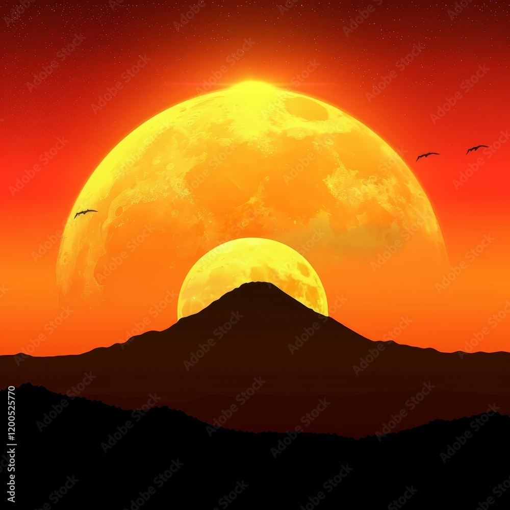 Obraz premium A large, glowing moon rises over a mountain range, silhouetted against a bright orange sky.