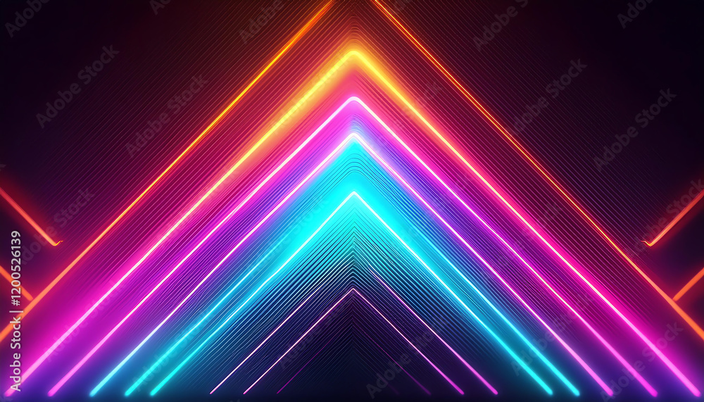 Fototapeta premium A vibrant display of neon lights forming a dynamic triangular pattern, showcasing various colors against a dark background.