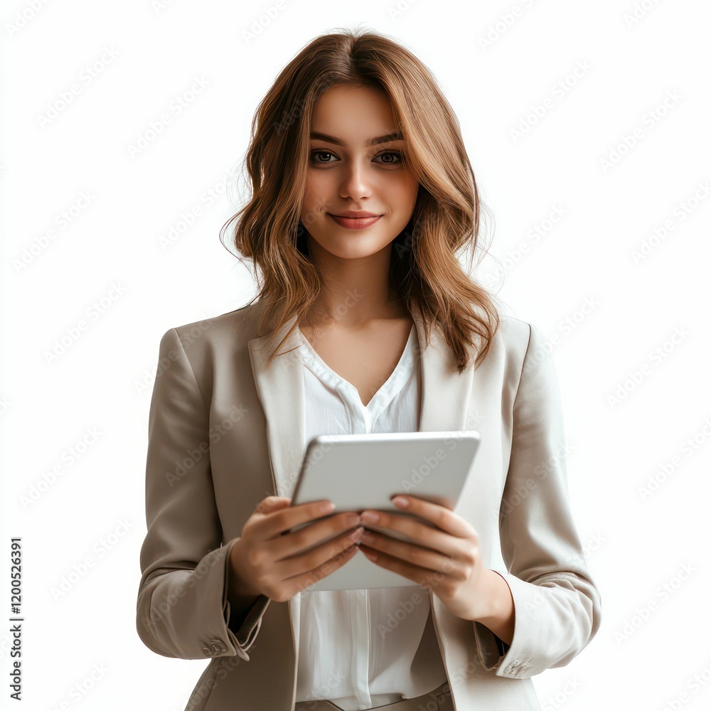 A professional consultant in formal attire holds a tablet, looking at the camera with a slight smile against a white background. A professional consultant in formal attire holds a tablet, looking at the camera with a slight smile against a white background.