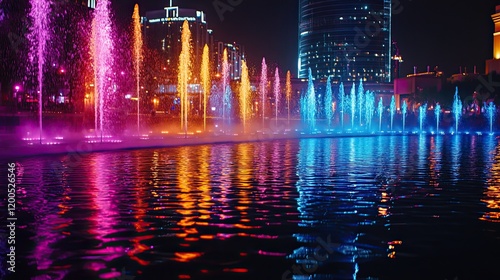 Night cityscape, colorful fountain show, modern buildings, water reflections, urban entertainment photo