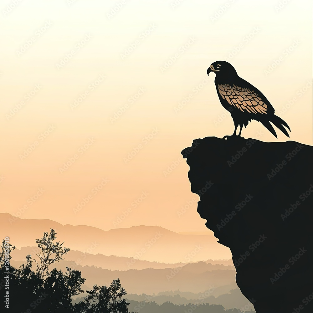 Fototapeta premium Bird is perched on a rock overlooking a mountain range