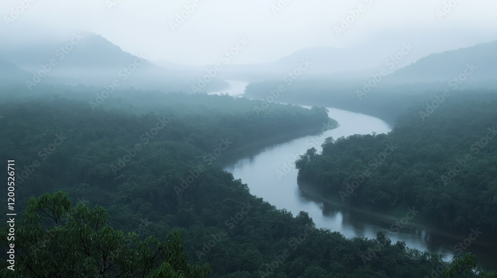 Obraz premium Misty river valley landscape.
