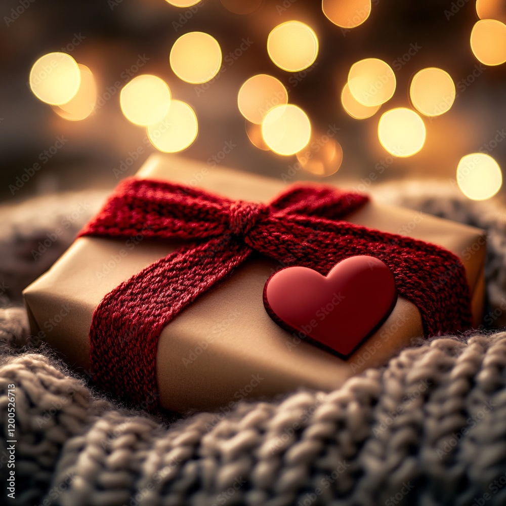 Cozy Valentine's Day background with a red ribbon bow and heart on a gift box, a knitted blanket, and bokeh lights of blurred light. Christmas festive greeting card concept Cozy Valentine's Day background with a red ribbon bow and heart on a gift box, a knitted blanket, and bokeh lights of blurred light. Christmas festive greeting card concept