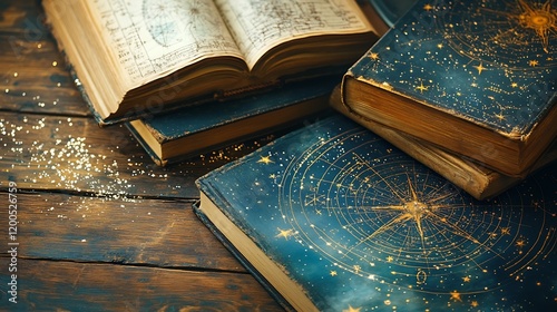 Wallpaper Mural Antique books with celestial maps and glitter on wooden surface. Torontodigital.ca