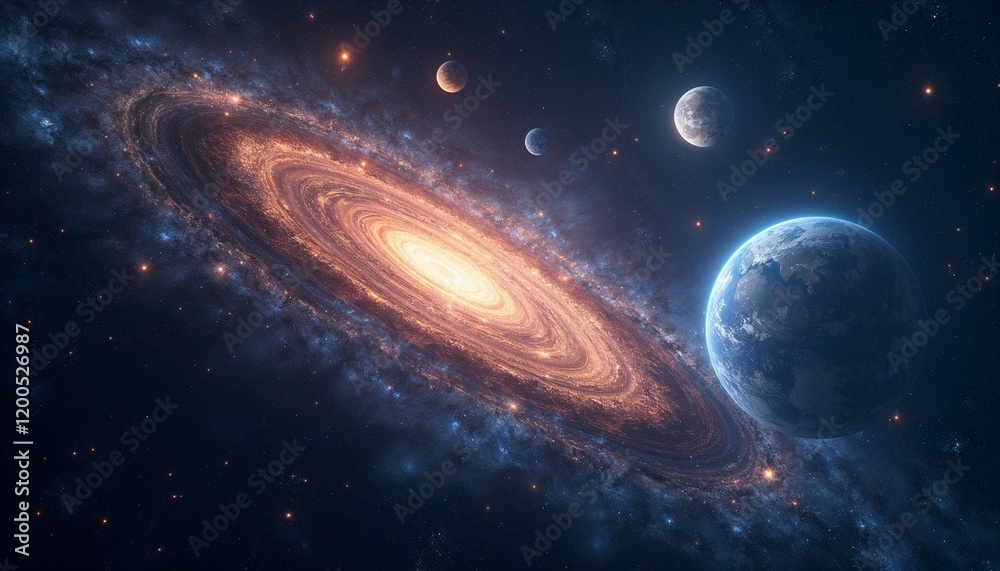 Naklejka premium Solar system illustration with glowing galaxy and planets