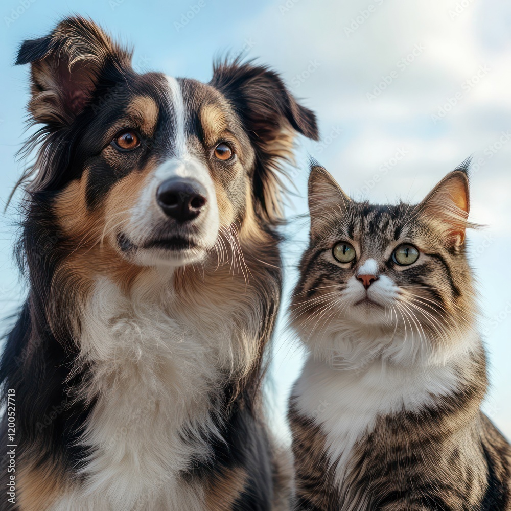 cat and dog together, showcasing their expressive faces, distinct fur patterns, and a bond of companionship cat and dog together, showcasing their expressive faces, distinct fur patterns, and a bond of companionship
