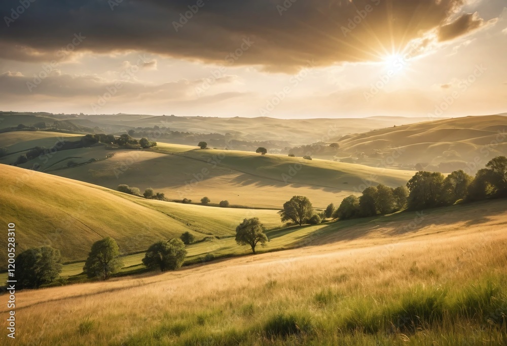 Naklejka premium Sun-Kissed Meadows Under a Cloud-Dappled Sky