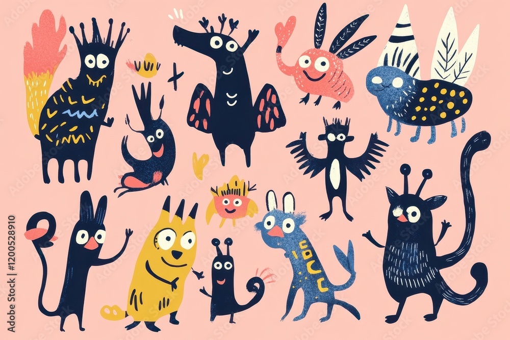 Naklejka premium A Collection Of Whimsical Imaginary Creatures Illustrated