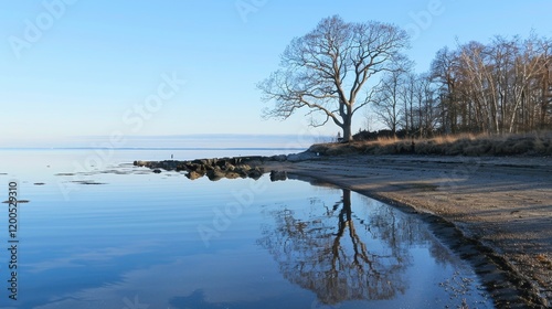 Bare tree silhouettes reflected in serene watercloseup photo