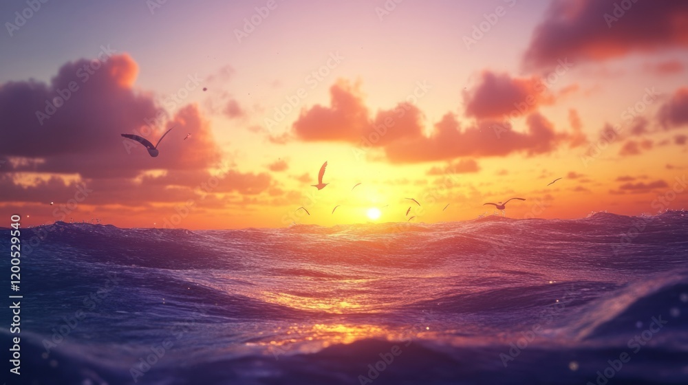 Naklejka premium Vibrant sunset over ocean waves with birds.