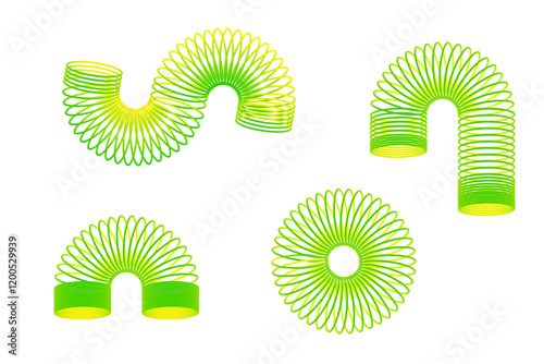 Colorful spring shapes. Green and yellow coils. Spiral vector design. Vibrant toy illustration.