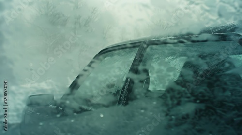 Winter driving scene with foggy car windows and defroster photo