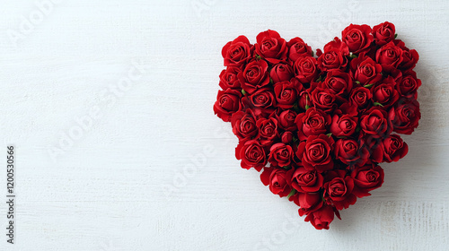 Heart shape formed by clusters of tiny red rose buds on a light textured background
