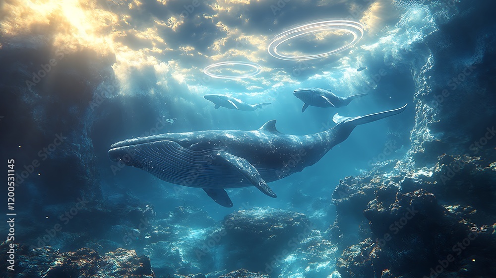 Fototapeta premium Whales swimming underwater, sunlit clouds, ethereal rings. Fantasy ocean scene