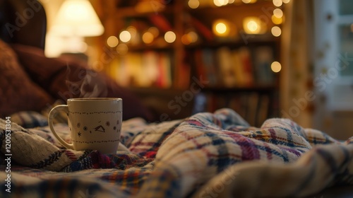 Cozy reading nook with pajamas and hot cocoa forefront photo