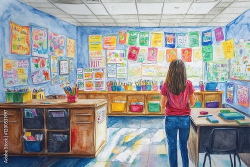 A creative depiction of a teacher decorating a classroom for the first day of school, with colorful banners and motivational posters