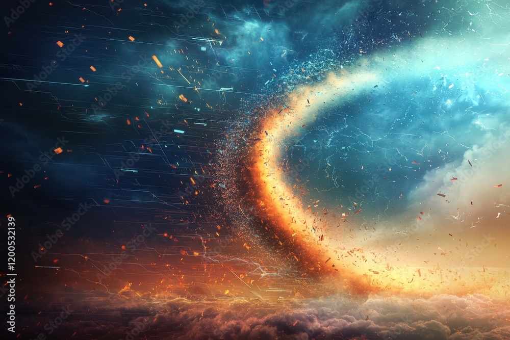 Obraz premium A creative depiction of a tornado forming, with labeled details showing its funnel, debris cloud, and wind speeds