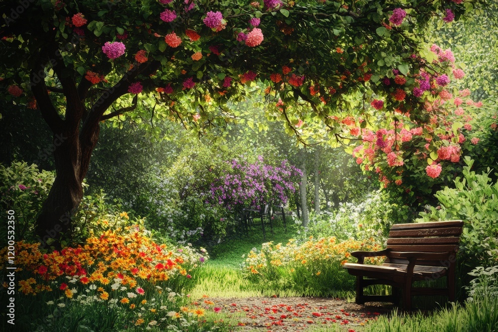 A creative depiction of a wildflower garden with a charming bench tucked beneath a flowering tree A creative depiction of a wildflower garden with a charming bench tucked beneath a flowering tree
