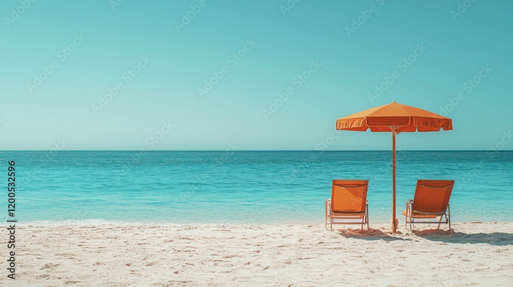 pristine beach with turquoise water, white sand, and two vibrant orange umbrellas casting shadows. pristine beach with turquoise water, white sand, and two vibrant orange umbrellas casting shadows.