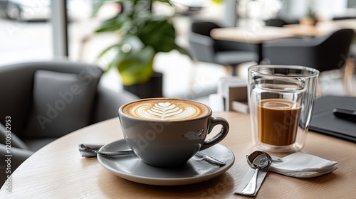 Wallpaper Mural A beautifully crafted cappuccino placed on a table with a high-end coffee shop interior in the background. Torontodigital.ca